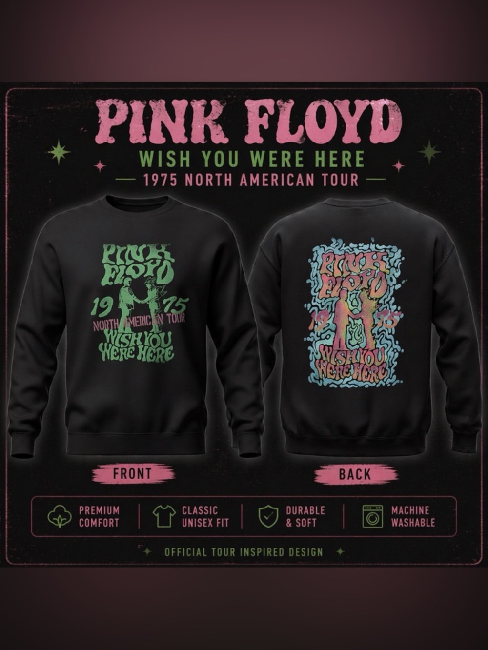 RETRO Pink Floyd Black Wish You Were Here 1975 Tour Crewneck Size M